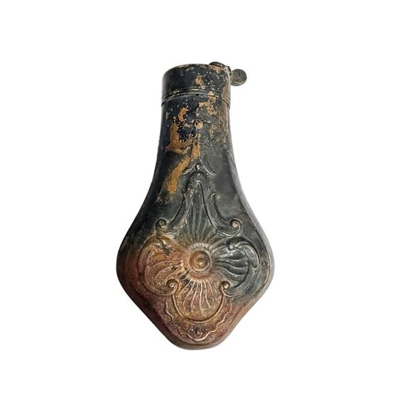Antique 19th Century Copper Powder Flask Embossed Design - Picture 2 of 7